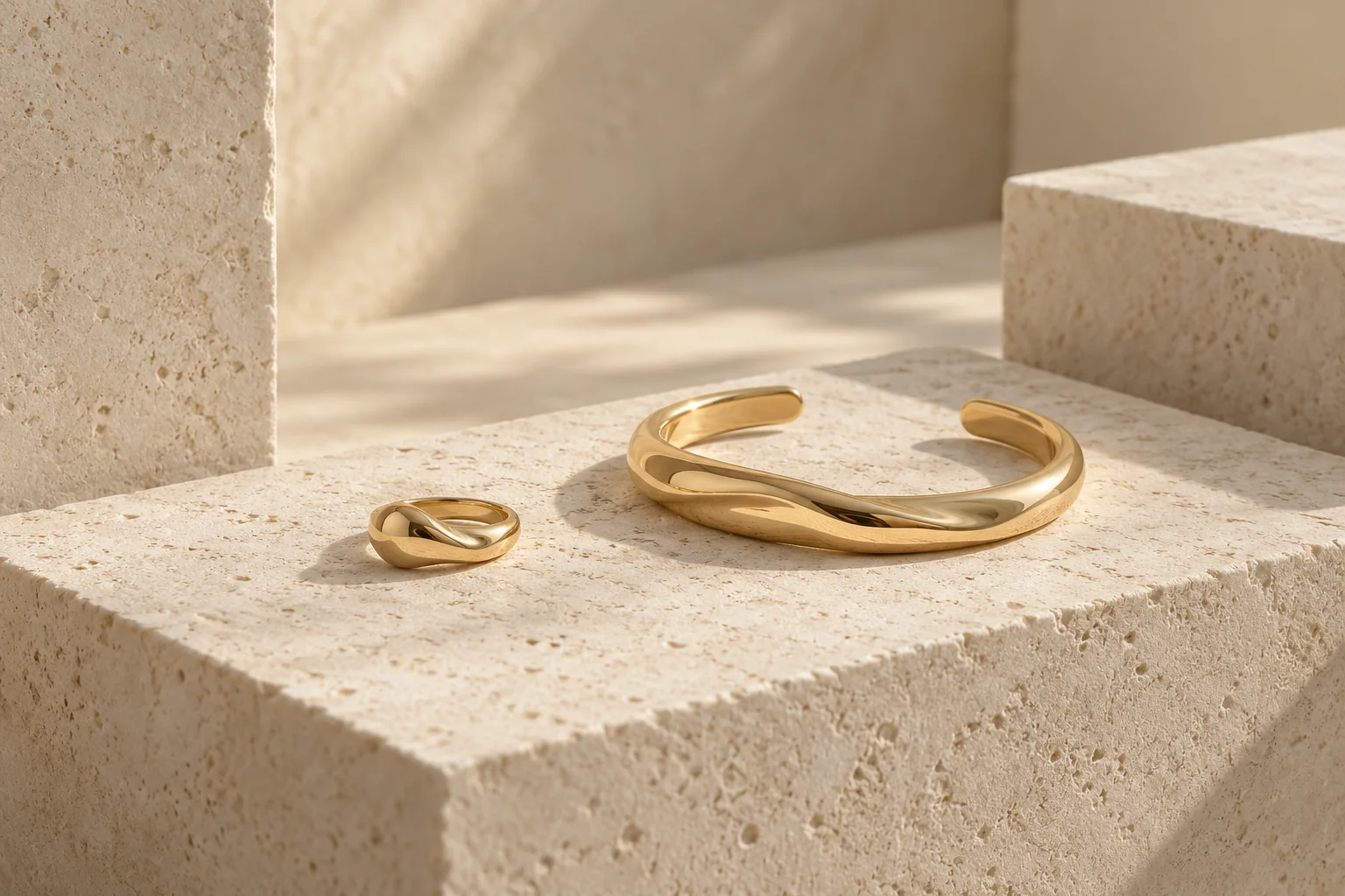 Illustrative gold ring and open cuff displayed on ivory stone in soft gallery light